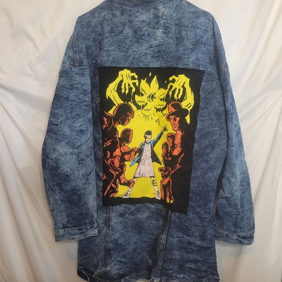 Stranger Things Upside Down Upcycle Denim Jacket Retro Look Size 2X - Picture 1 of 11